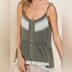 Olive Sleeveless Button-Down Top